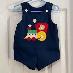 Vintage Navy Blue Baby Romper with Train and Bear Appliqué